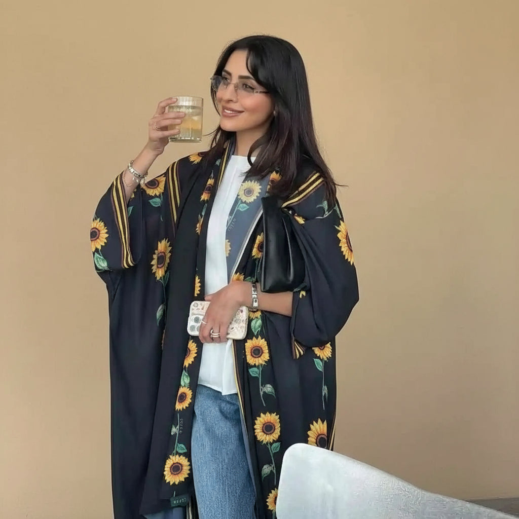 Muslim Women Printed Cardigan Open Abaya Dress With Matching Hijab #25254