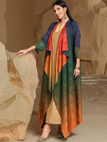 Reversible Cardigan Open Abaya Dress - Jacquard - Gradient Satin - #255034