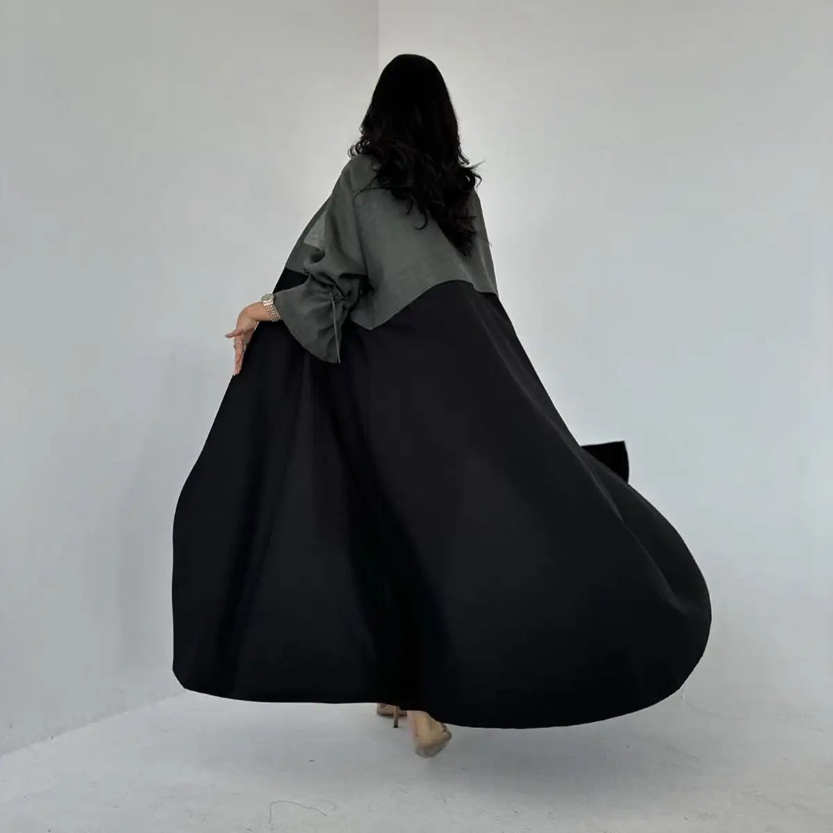 Cardigan Open Abaya Dress - Belted Cuff - Black