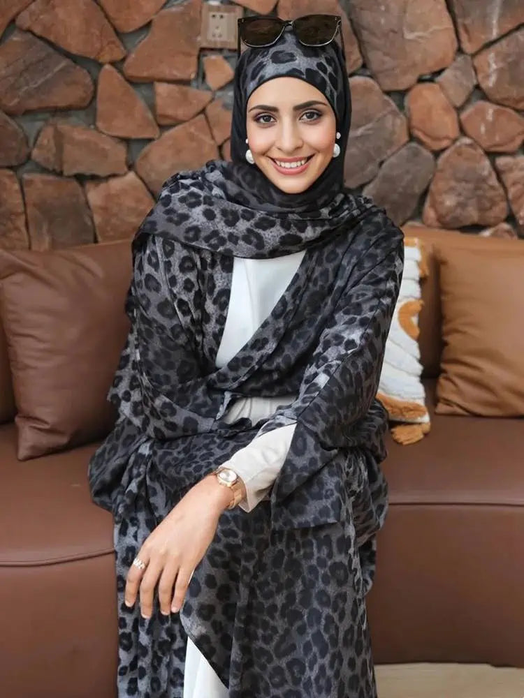 Robe Abaya ouverte grise à imprimé léopard #25975