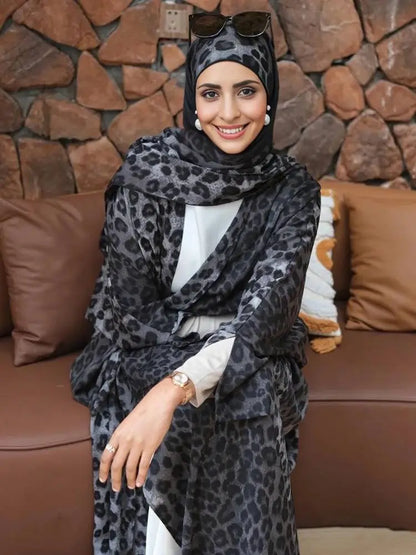 Robe Abaya ouverte grise à imprimé léopard #25975