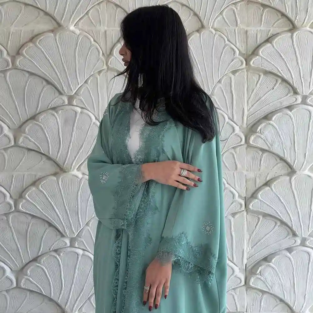 Robe Abaya ouverte en dentelle avec cardigan #25214