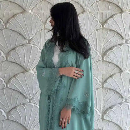 Robe Abaya ouverte en dentelle avec cardigan #25214