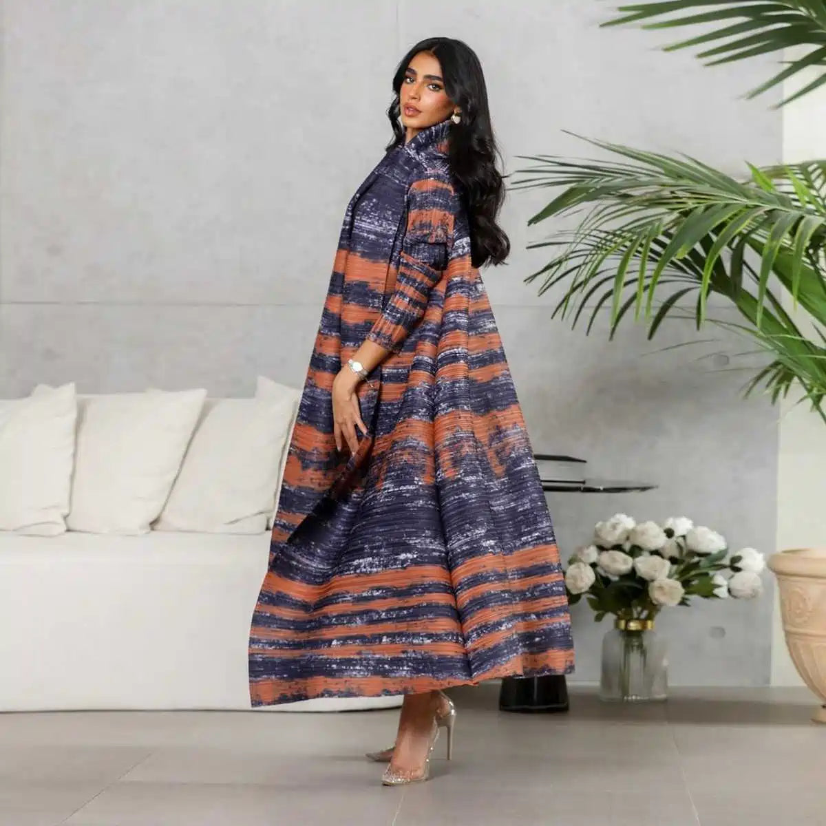 Robe Abaya ouverte à manches plissées et imprimé cardigan #25175