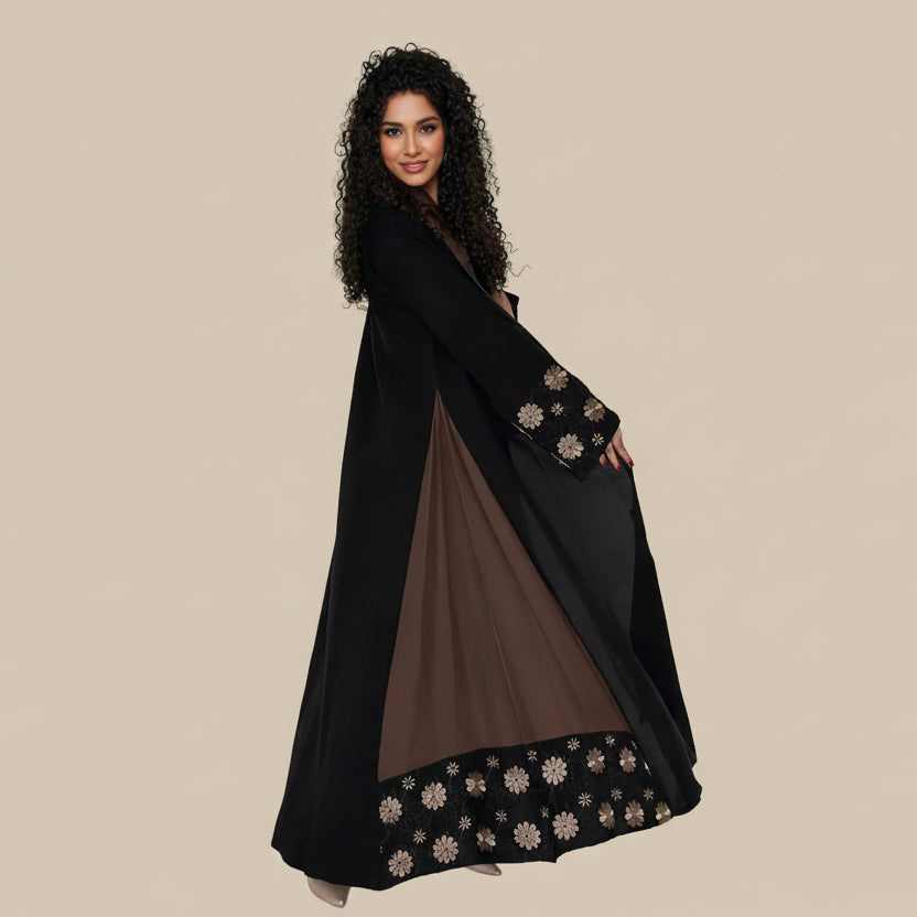 Robe Abaya ouverte en cardigan - Fleur brodée - Marron - #25187