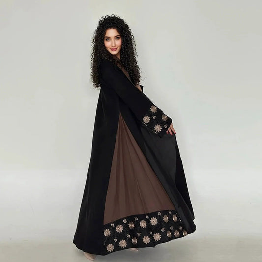 Robe Abaya ouverte en cardigan - Fleur brodée - Marron - #25187