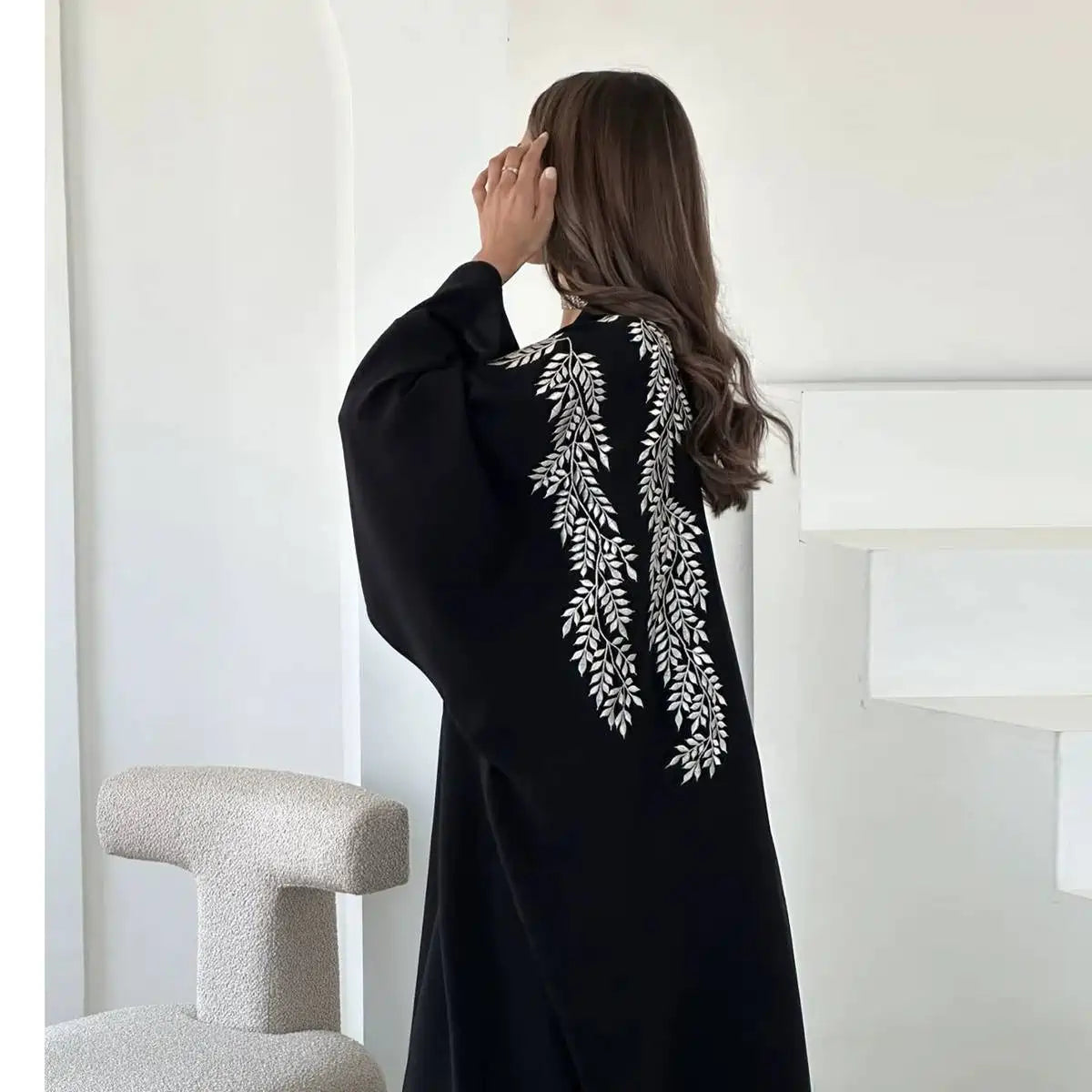 Robe Abaya ouverte en cardigan - Broderie - Noir - #25188