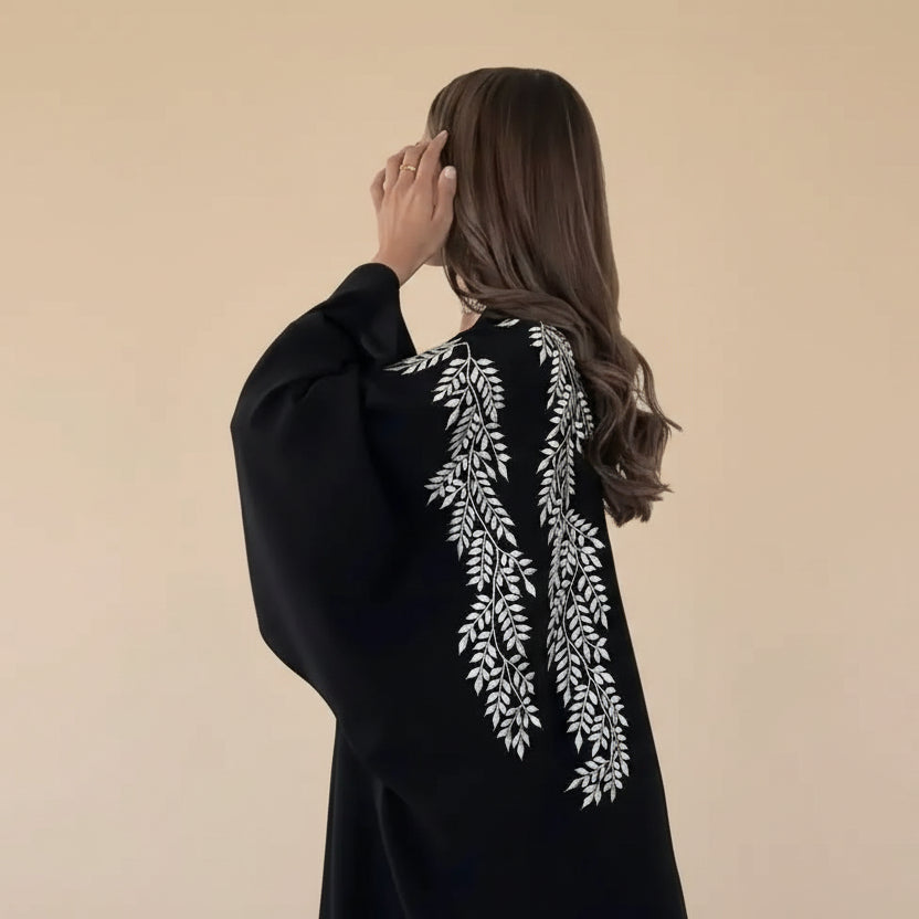 Robe Abaya ouverte en cardigan - Broderie - Noir - #25188