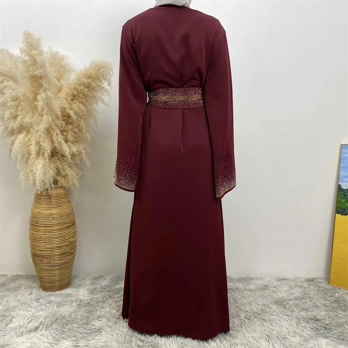 Robe Abaya ouverte Nida avec poche et strass Hotfix