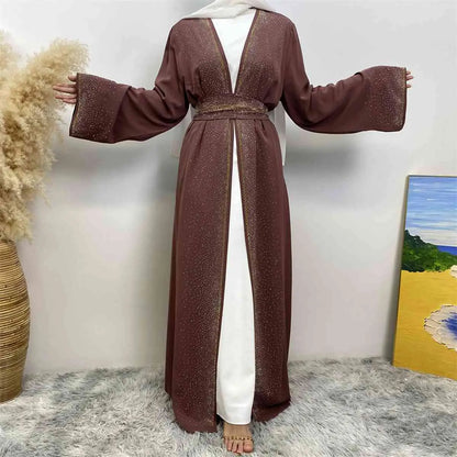 Robe Abaya ouverte Nida avec poche et strass Hotfix