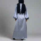 Robe Abaya en satin imprimé pour femmes musulmanes, cardigan ouvert, manches bouffantes en plumes