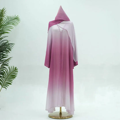 Gradient Glitter Chiffon Open Abaya Dress With Matching Hijab