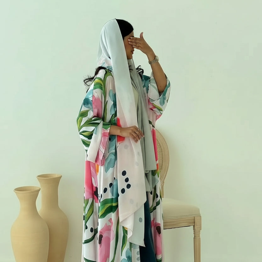 With Matching Hijab Muslim Women Printed Open Abaya Dress #25244