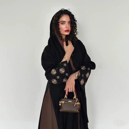 Robe Abaya ouverte en cardigan - Fleur brodée - Marron - #25187