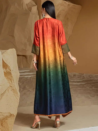 Reversible Cardigan Open Abaya Dress - Jacquard - Gradient Satin - #255034