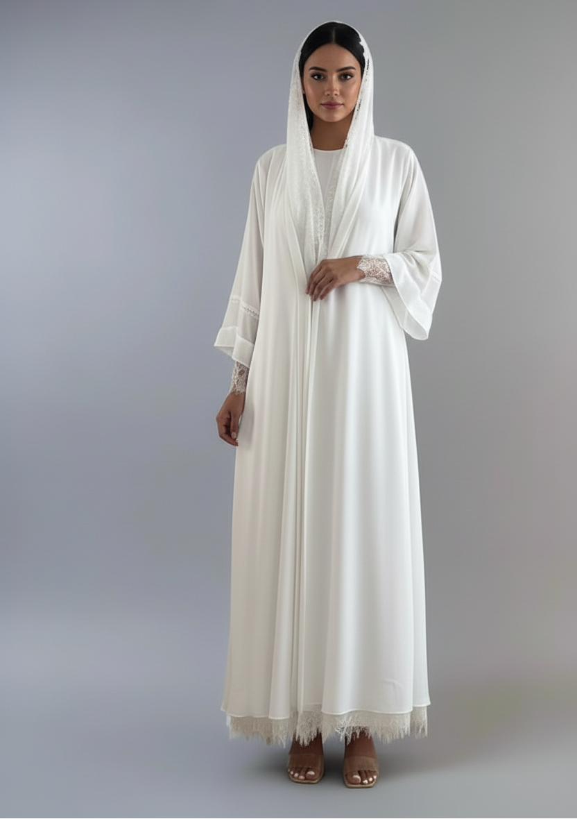 Ensemble 2 pièces : cardigan en dentelle, robe abaya ouverte et hijab assorti #25221