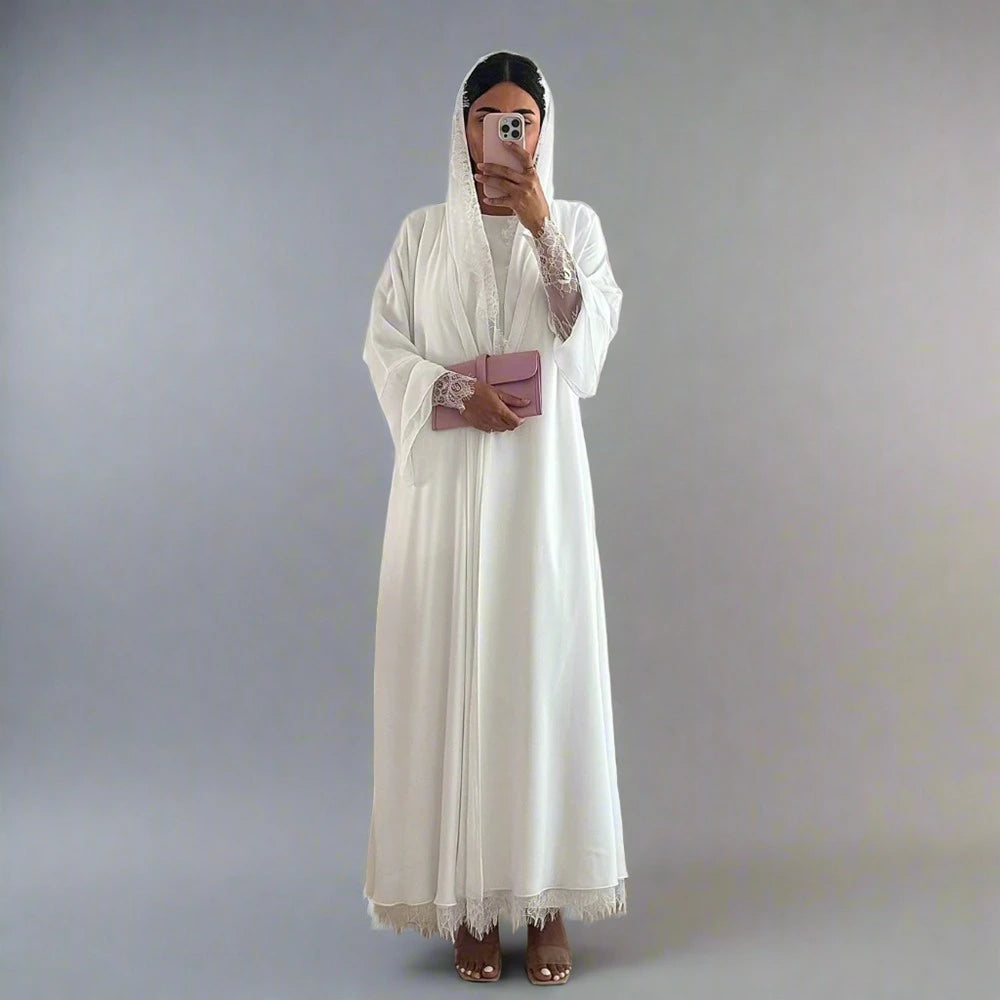 Ensemble 2 pièces : cardigan en dentelle, robe abaya ouverte et hijab assorti #25221