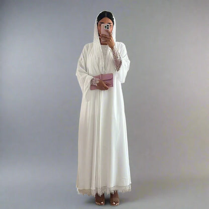 Ensemble 2 pièces : cardigan en dentelle, robe abaya ouverte et hijab assorti #25221