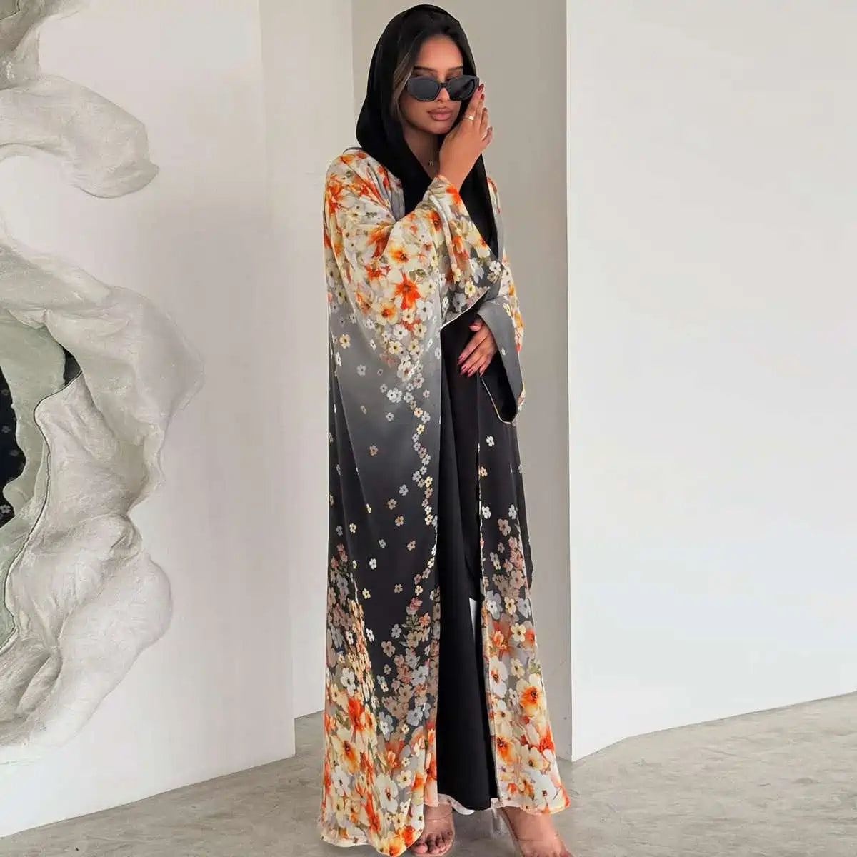 Robe Abaya ouverte en cardigan - Imprimée - Mousseline - #25203