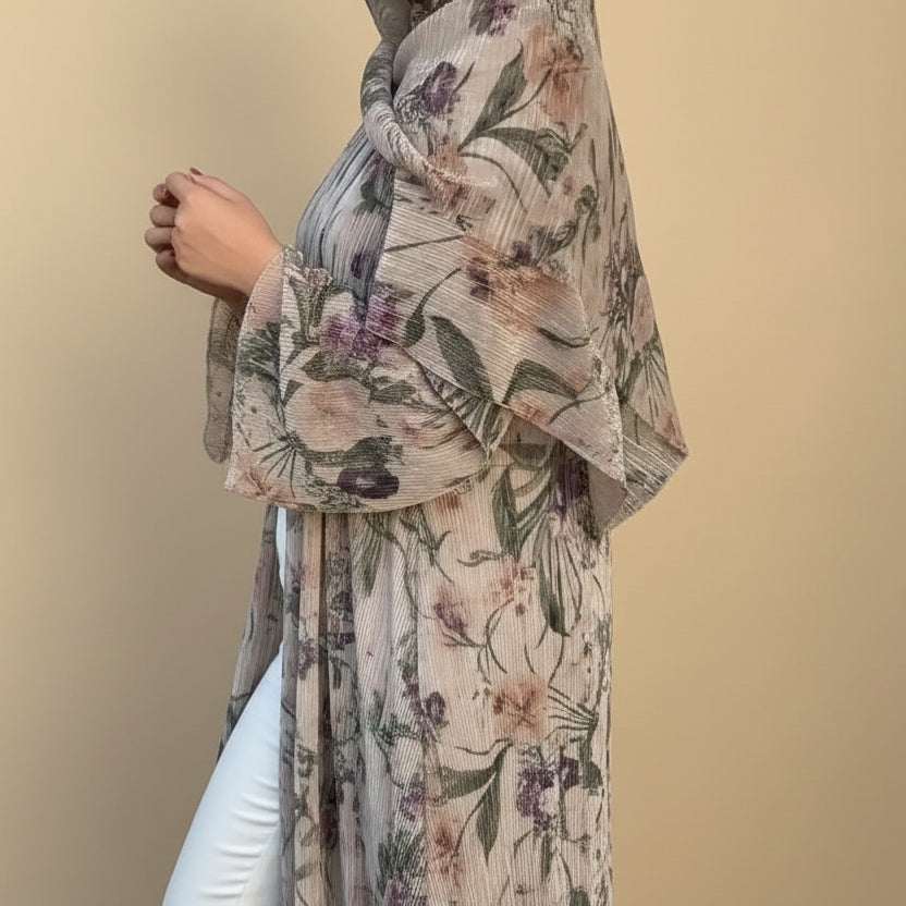Printed Pleated Open Abaya Dress With Matching Hijab #25231