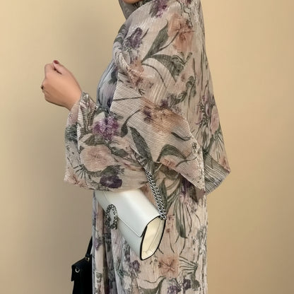 Printed Pleated Open Abaya Dress With Matching Hijab #25231