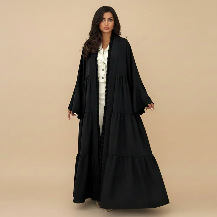 Embroidery Flare Sleeve Cardigan Open Abaya Dress #25232