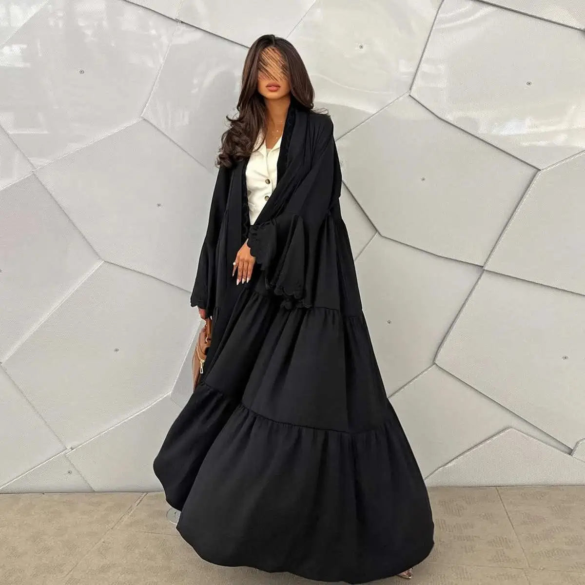 Embroidery Flare Sleeve Cardigan Open Abaya Dress #25232