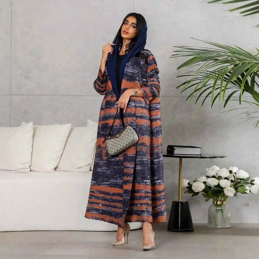 Robe Abaya ouverte à manches plissées et imprimé cardigan #25175