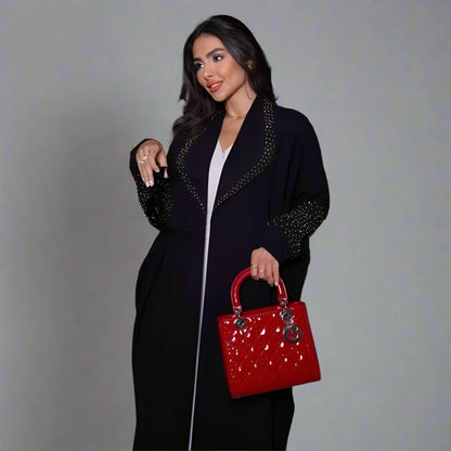 Robe abaya ouverte avec cardigan en strass Hotfix - Noir - #25206