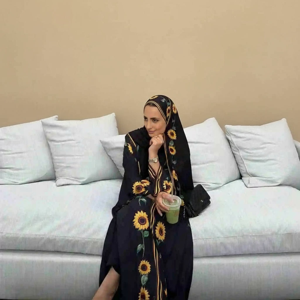 Muslim Women Printed Cardigan Open Abaya Dress With Matching Hijab #25254