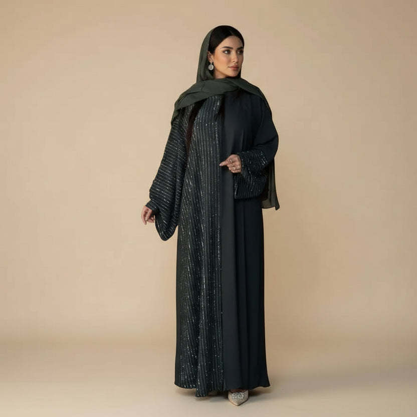 Robe Abaya ouverte avec cardigan à boutons dissimulés #25186