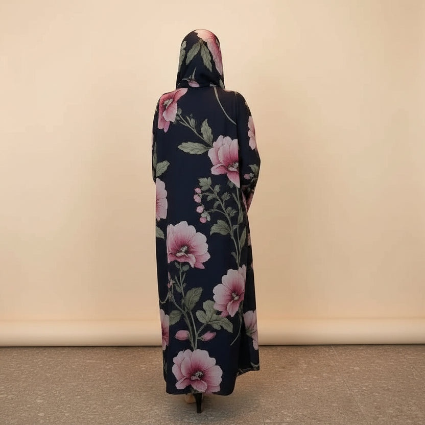 With Matching Hijab Muslim Women Printed Cardigan Open Abaya Dress #25239