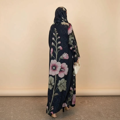 With Matching Hijab Muslim Women Printed Cardigan Open Abaya Dress #25239