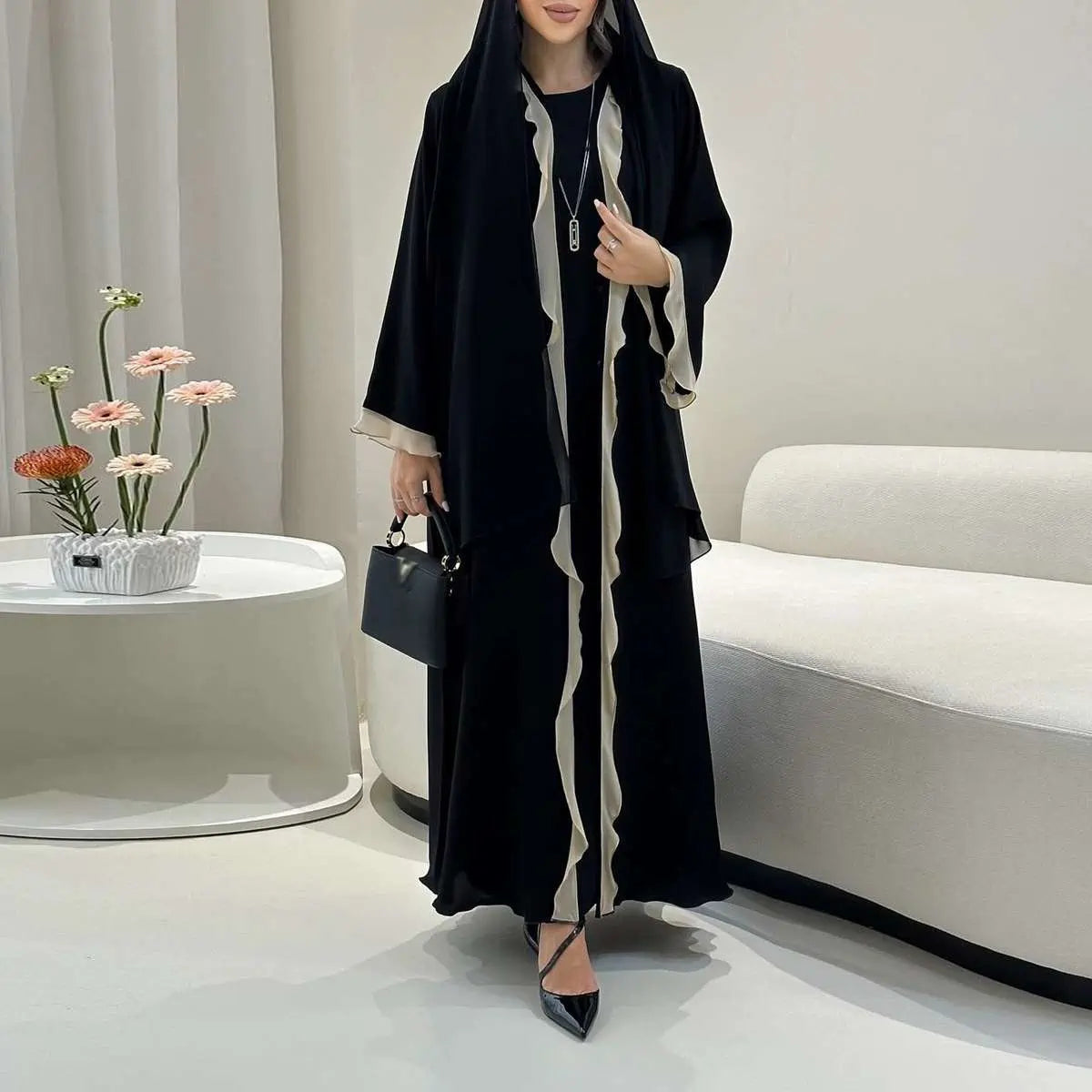 Robe Abaya ouverte en cardigan - Volants - Noir - #25179
