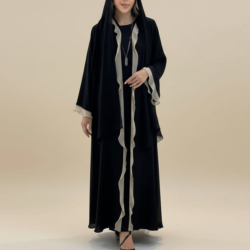Robe Abaya ouverte en cardigan - Volants - Noir - #25179