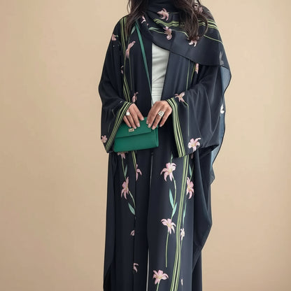 Muslim Women Dubai Printed Cardigan Open Abaya Dress With Matching Hijab #25237