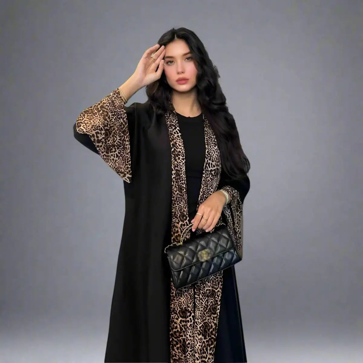 Robe abaya ouverte en cardigan imprimé léopard avec hijab assorti #25194
