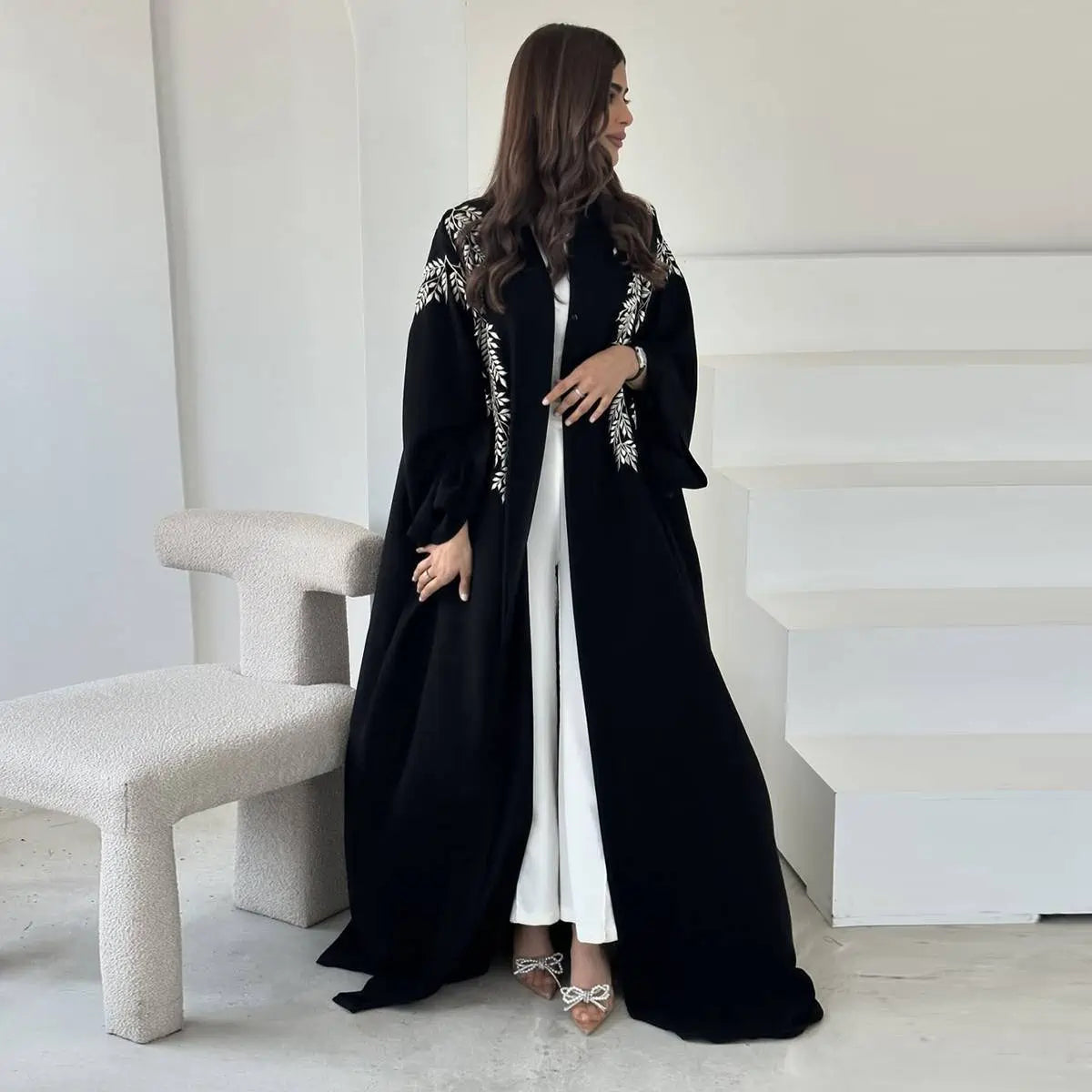 Robe Abaya ouverte en cardigan - Broderie - Noir - #25188