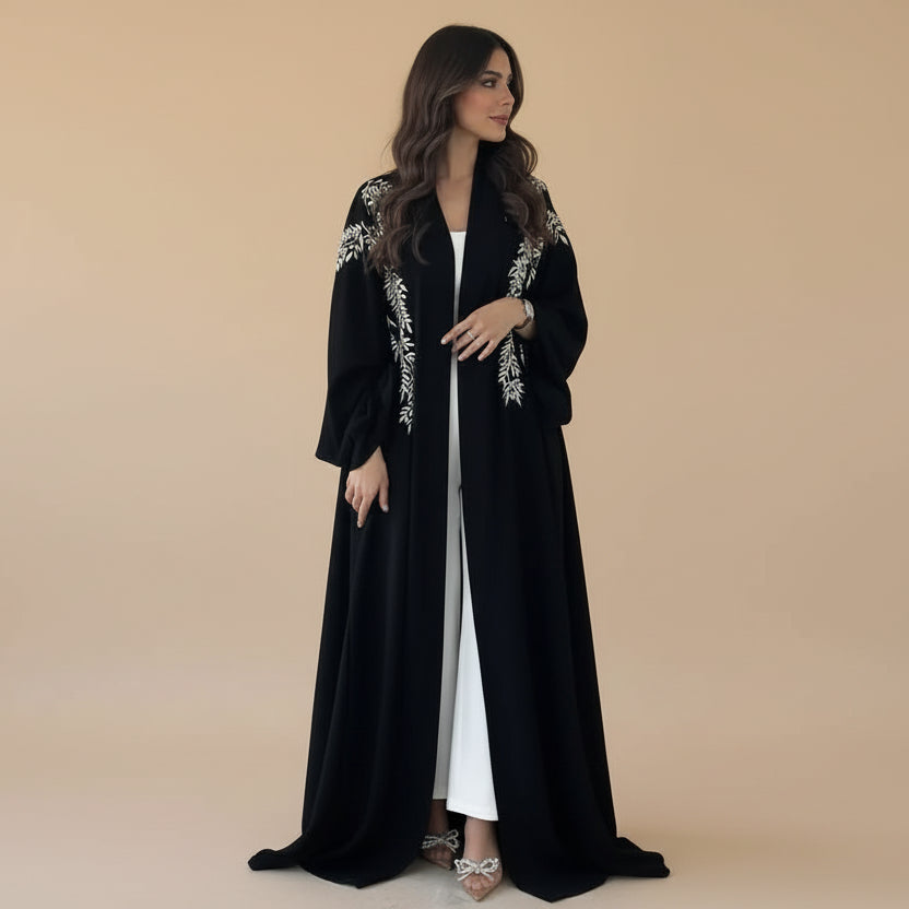 Robe Abaya ouverte en cardigan - Broderie - Noir - #25188