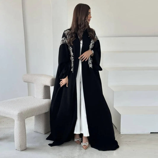 Robe Abaya ouverte en cardigan - Broderie - Noir - #25188