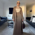 Muslim Women 2 Pieces Set Open Abaya Dress With Skirt #251072