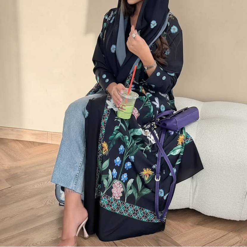 Printed Cardigan Open Abaya Dress With Matching Hijab For Muslim Women #25236