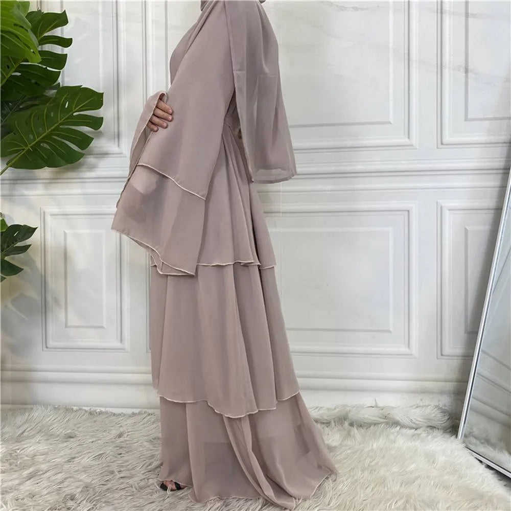 Robe abaya ouverte en mousseline de soie abricot à trois couches #25C1896