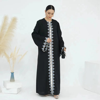 Robe Abaya ouverte en cardigan Nida brodé de fleurs #24909