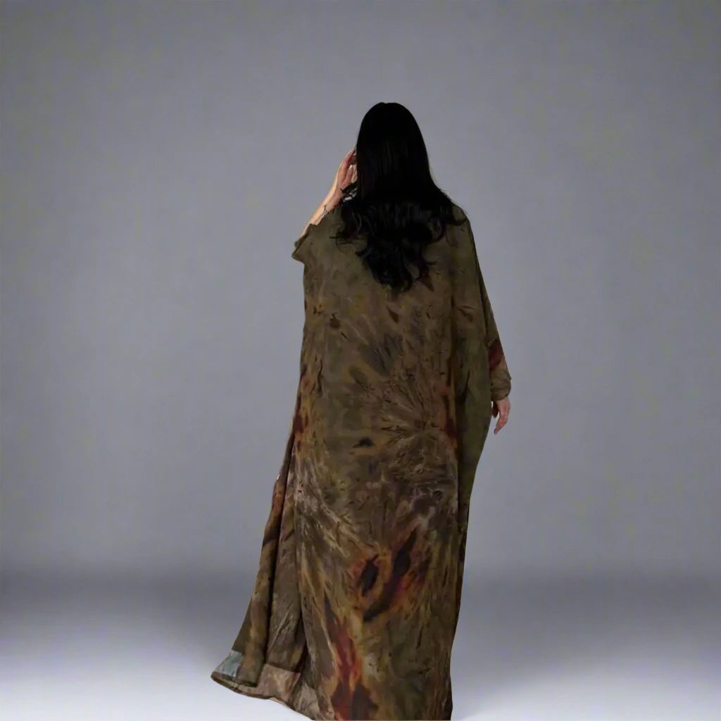 Robe Abaya ouverte en cardigan - Imprimée - Mousseline - Marron