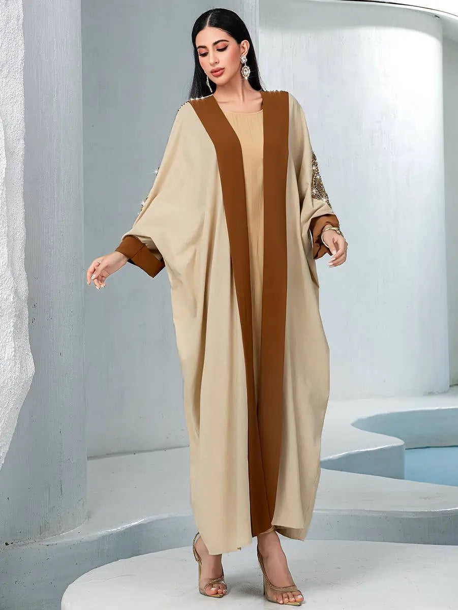Robe Abaya ouverte brodée de strass cousue à la main #255032