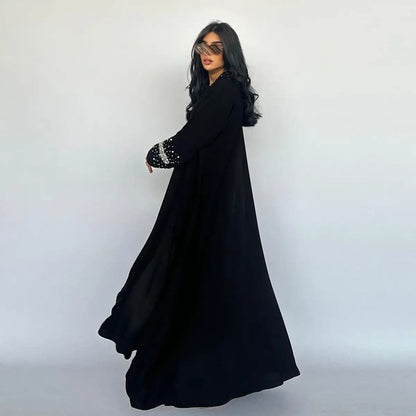 Avec Hijab Hotfix Strass Perles Cardigan Ouvert Robe Abaya