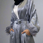 Robe Abaya en satin imprimé pour femmes musulmanes, cardigan ouvert, manches bouffantes en plumes