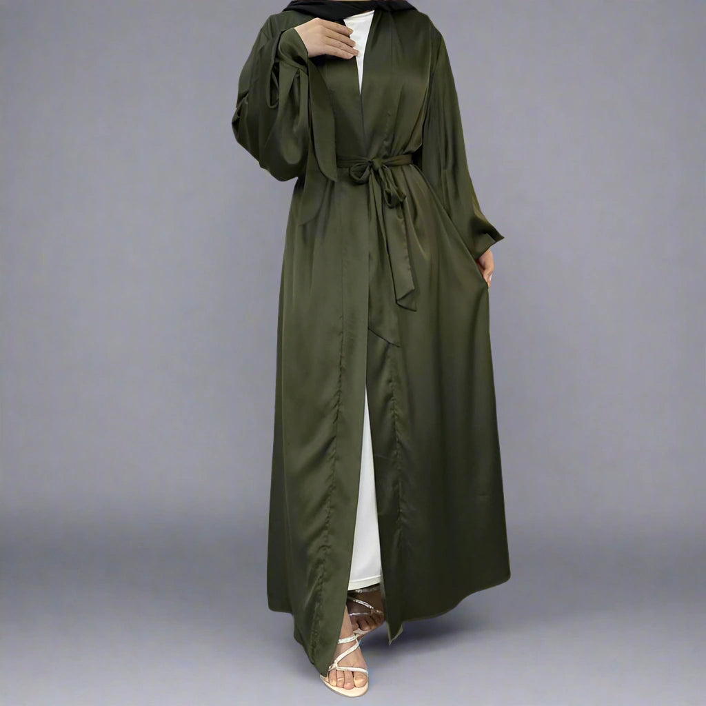 Robe abaya ouverte en satin à manches bouffantes, 10 couleurs au choix, pour femmes arabes