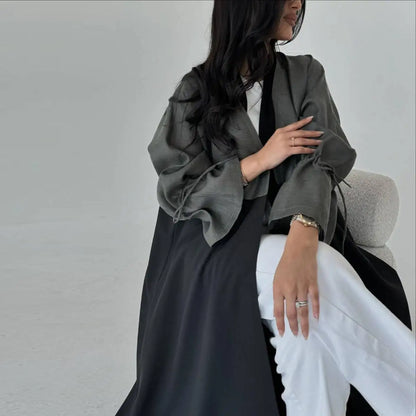 Cardigan Open Abaya Dress - Belted Cuff - Black